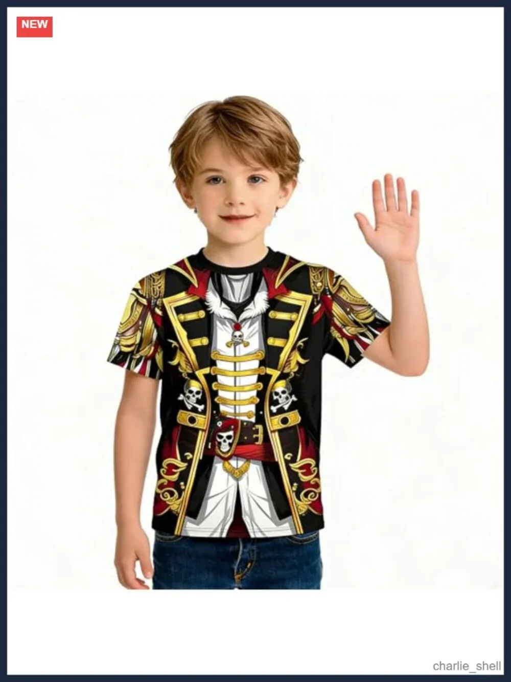 Boys Captain Pirate T-Shirt Costume Polyester Crew Neck Halloween Cosplay